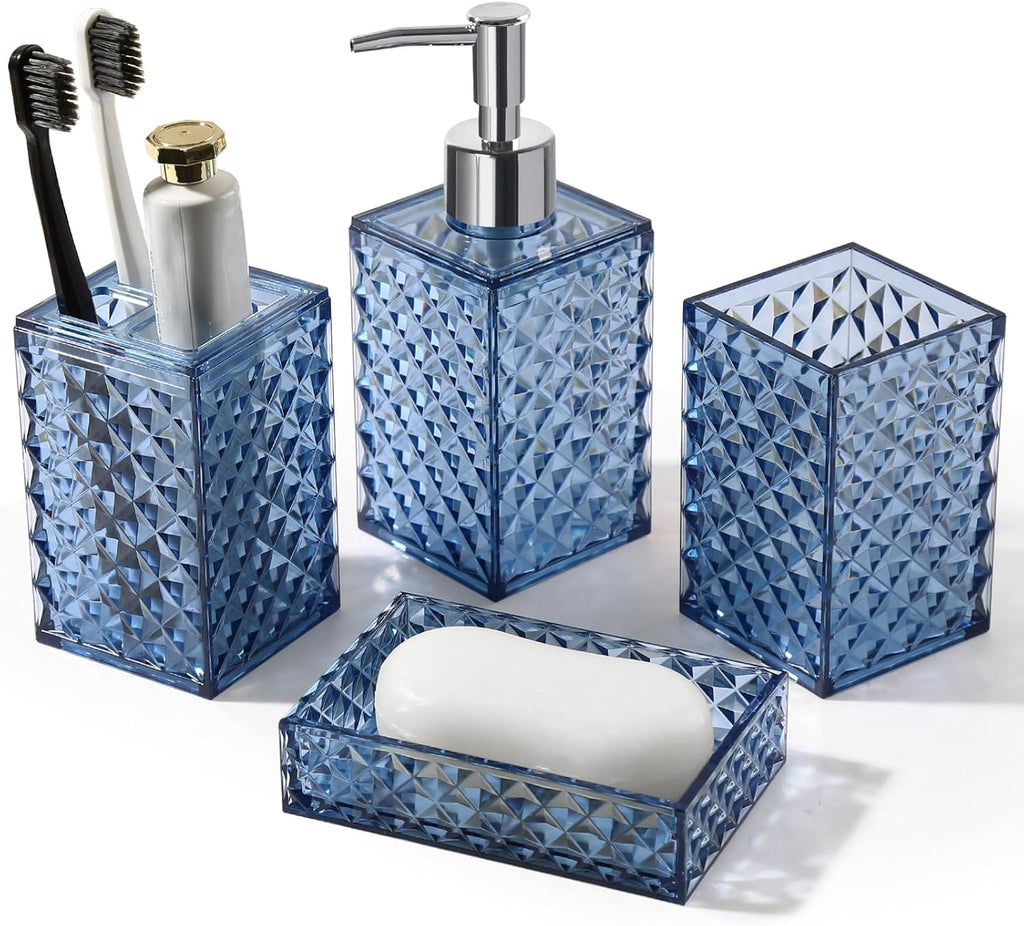 RYTOXILO Bathroom Accessories Set - 4 Pack Blue Acrylic Bath Essentials | Diamond Soap Dispenser & Toothbrush Holder