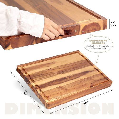 XL Acacia Wood Cutting Board (20x15x1.5in) and Wooden Butcher Block, Chopping Board-Reversible Multipurpose For Meat, Cheese Board, Vegetables, Bread with Juice Groove, Cracker Holder & Inner Handles