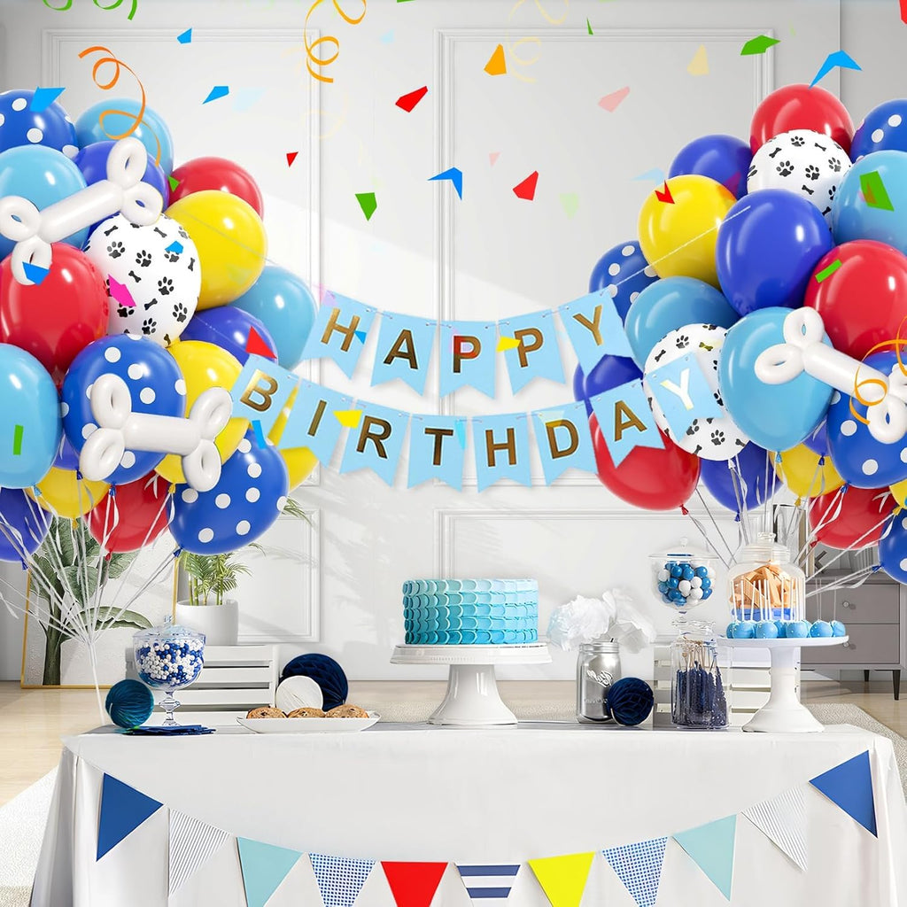 Skiennix 12-Inch Dog Balloons - 60 Pack in Royal Blue, Light Blue, Yellow & Red Paw Print for Puppy Birthday Party Decor