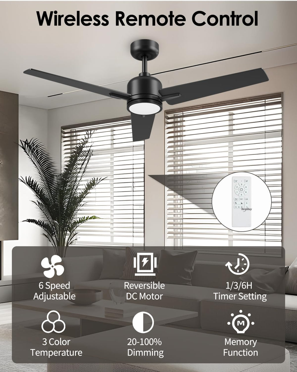 Newday 52 inch Ceiling Fans with Lights and Remote, Black 3 Blade Outdoor Fans for Patios -Dimmable Indoor DC Motor, 6 Speed, Quiet Noiseless, 3 CCT, Reversible, High CFM