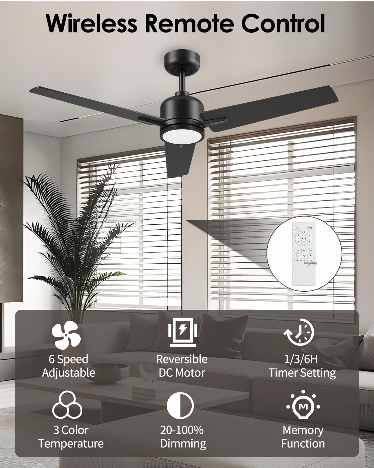 Newday 52 inch Ceiling Fans with Lights and Remote, Black 3 Blade Outdoor Fans for Patios -Dimmable Indoor DC Motor, 6 Speed, Quiet Noiseless, 3 CCT, Reversible, High CFM