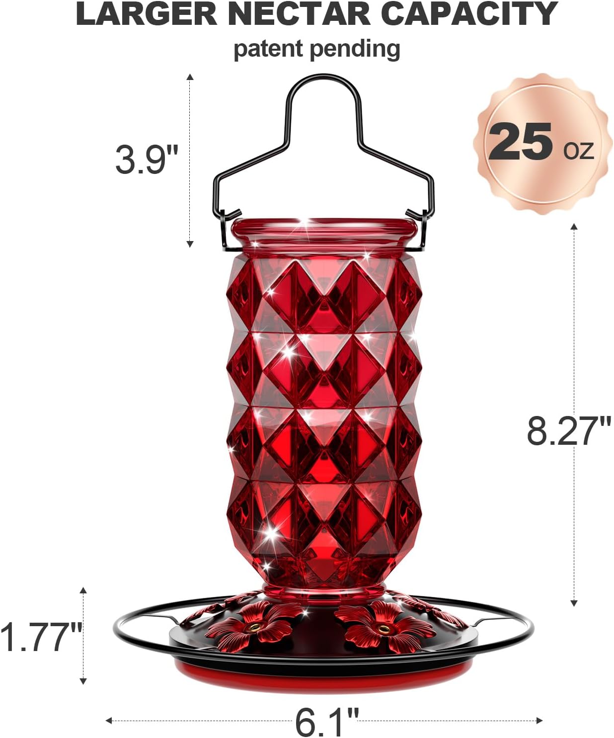 Skiennix Glass Hummingbird Feeder - 25oz Leak-Proof Nectar Feeder with Perch & 5 Flower Ports | Red Garden Decor