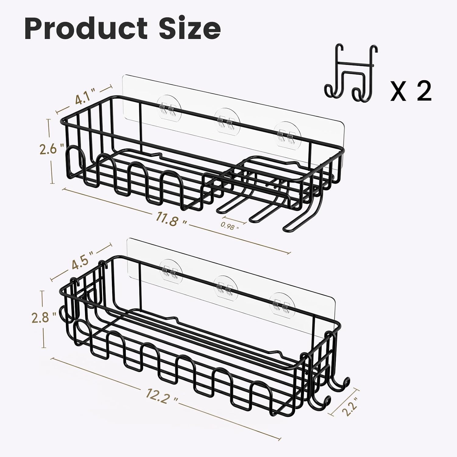 Saydear Adhesive Shower Caddy - Rustproof Metal Bathroom Storage Shelf with 2 Bonus Hooks | 4-Pack, Drill-Free Black
