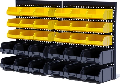 KJE Wall Mounted Storage Bins - 30PCS Plastic Tool Organizer for Garage | Black & Yellow