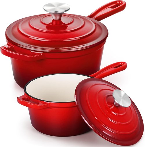 E-far Enameled Cast Iron Sauce Pan Set - 1Qt & 2Qt Heavy Duty Dutch Ovens with Self-Basting Lids | Induction-Ready, Easy Clean, Red