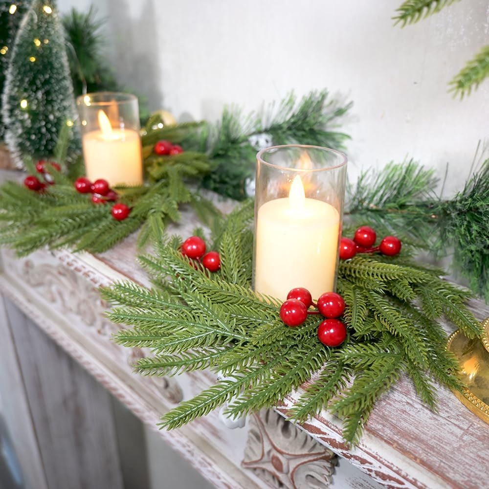 Norfolk Pine Candle Rings - 3Pcs Artificial Wreaths with Red Berry Accents | Festive Table Centerpieces