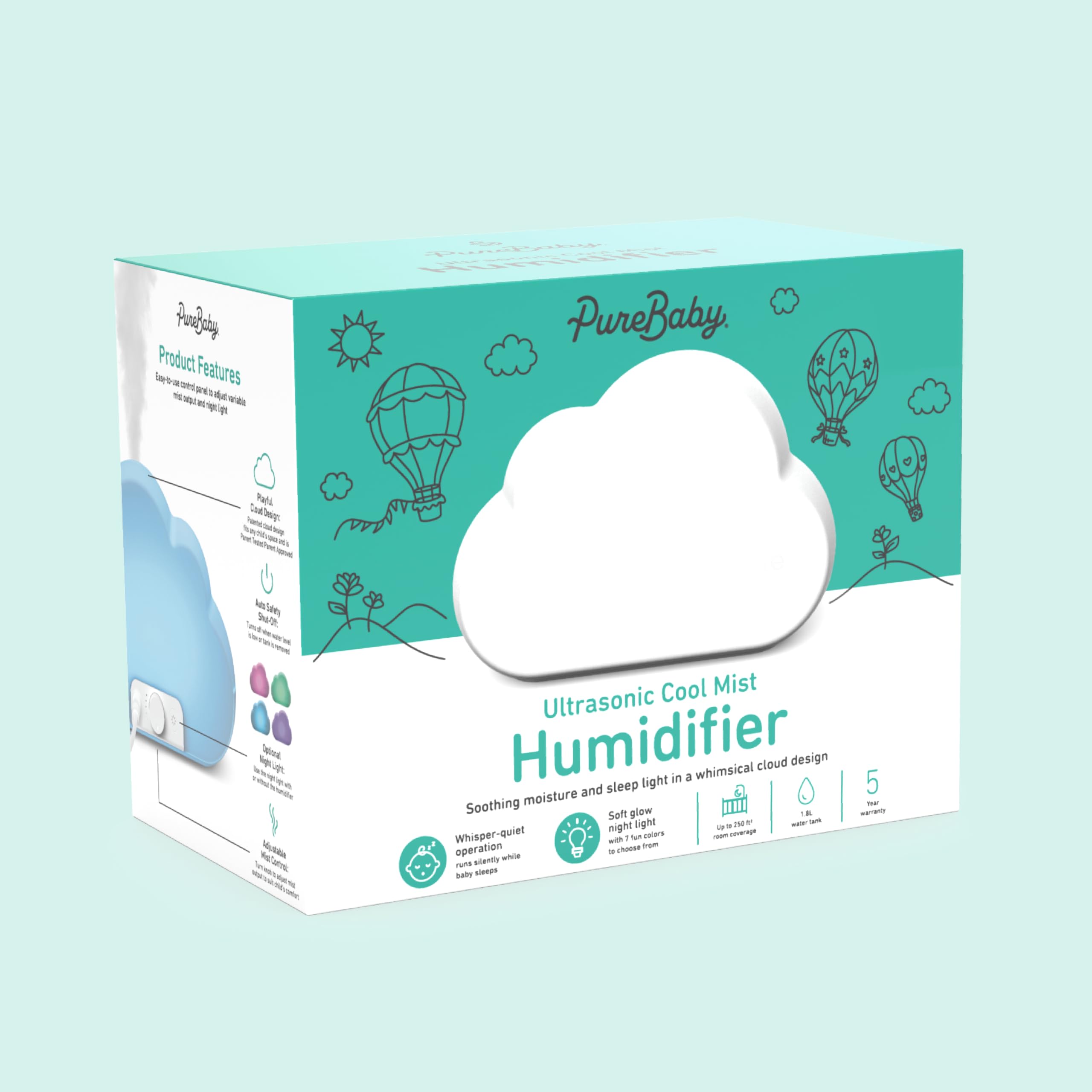Pure Enrichment PureBaby Cloud Ultrasonic Cool Mist Humidifier Quiet Variable Mist for up to 24 Hrs Ideal for Baby Nurseries & Kids Bedrooms to Relieve Congestion Colds & Coughs, Night Light, BPA-Free