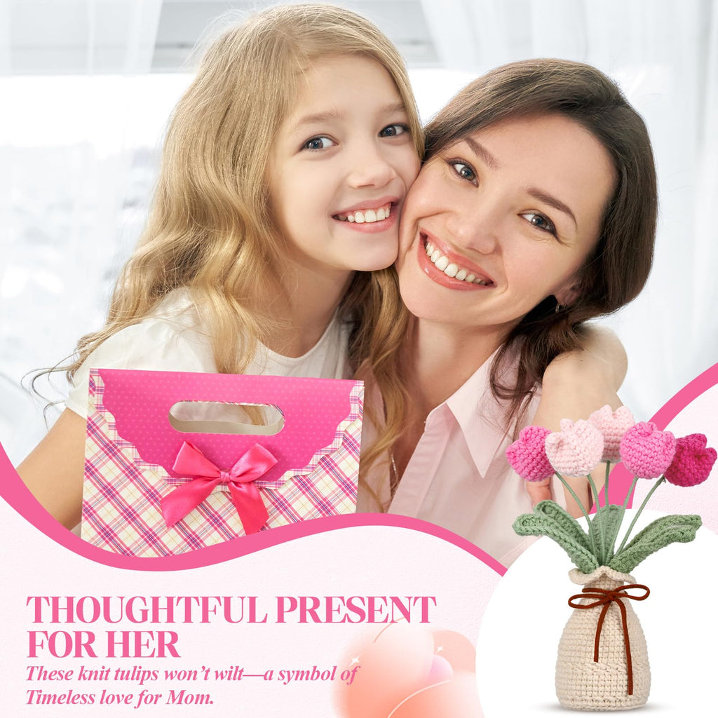 Marsui Crochet Knitting Tulip Bouquet with Vase 7" Knitted Artificial Forever Tulip Handmade Woven Flower with Exquisite Pot Gift for Valentine's Day Back to School Gift Family Home Desk Decor(Pink)