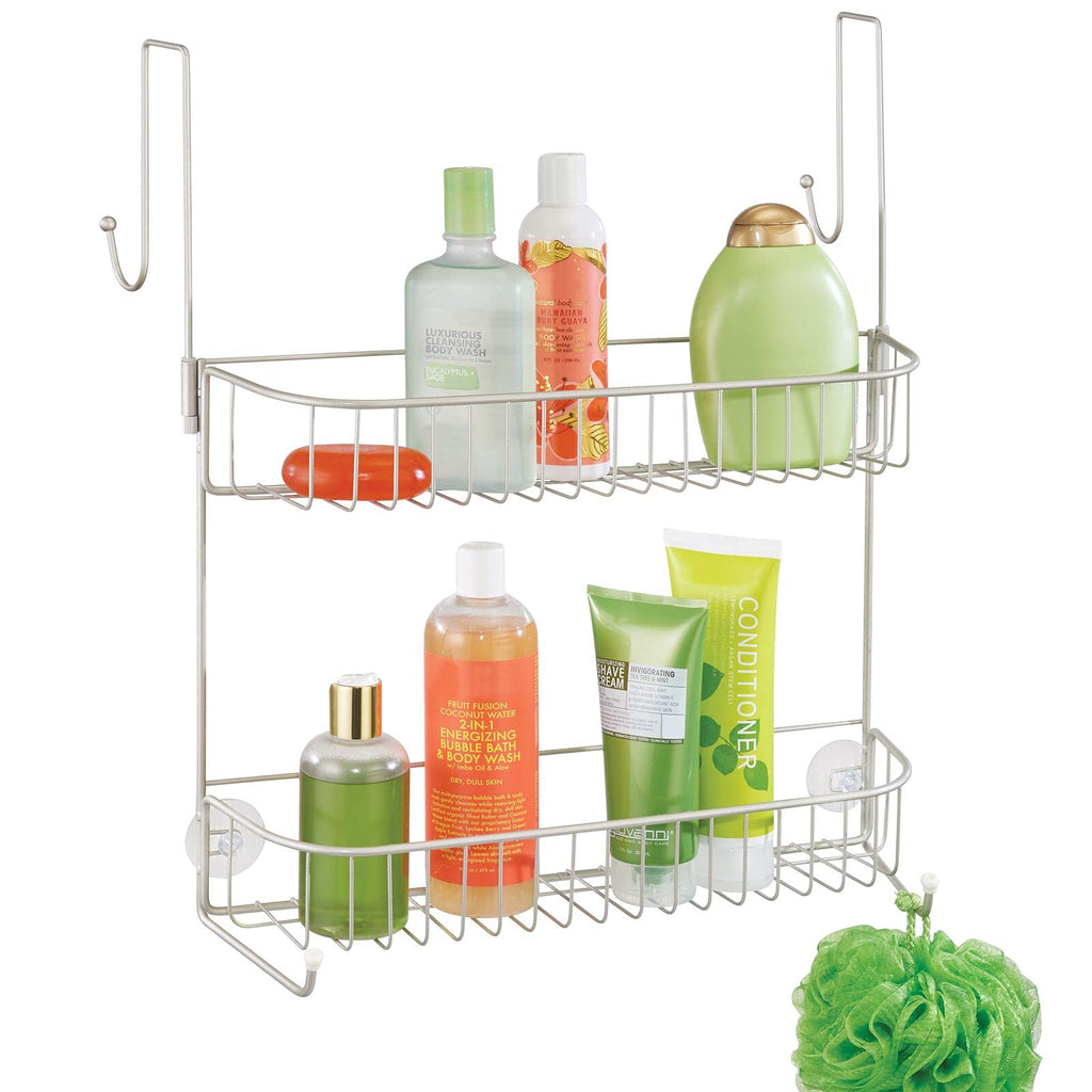 mDesign Extra Wide Metal Wire Over the Bathroom Shower Door Caddy, Hanging Storage Organizer with Built-In Hooks and Baskets on 2 Levels for Shampoo, Body Wash, Loofahs, Rust Resistant - Satin