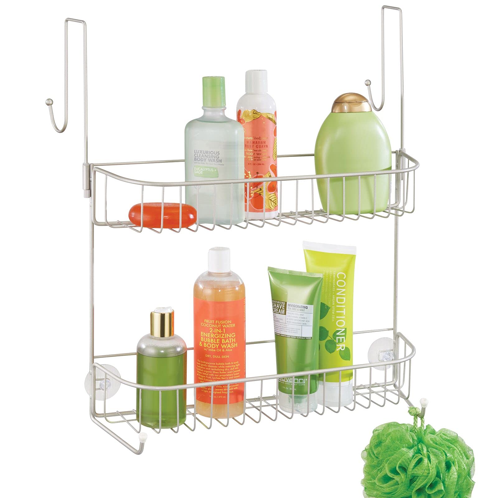 mDesign Extra Wide Metal Wire Over the Bathroom Shower Door Caddy, Hanging Storage Organizer with Built-In Hooks and Baskets on 2 Levels for Shampoo, Body Wash, Loofahs, Rust Resistant - Satin