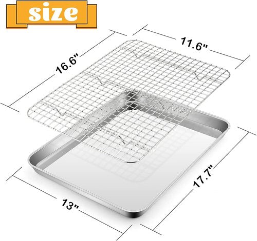E-far Half Sheet Baking Pan Set - 18”x13” Stainless Steel Cookie Sheet with Cooling Rack | Dishwasher Safe