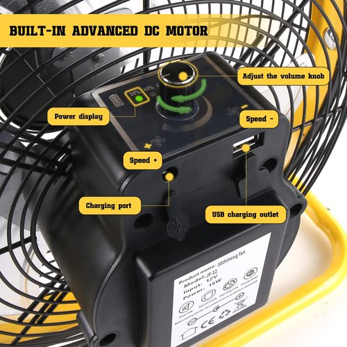 jdzhineng 12" Battery Operated Fan, 15000mAh Rechargeable Floor Fan with Metal Blades, Outdoor Cordless Fan for Camping, Travel, Home, and Emergency Use, Long-Lasting Runtime