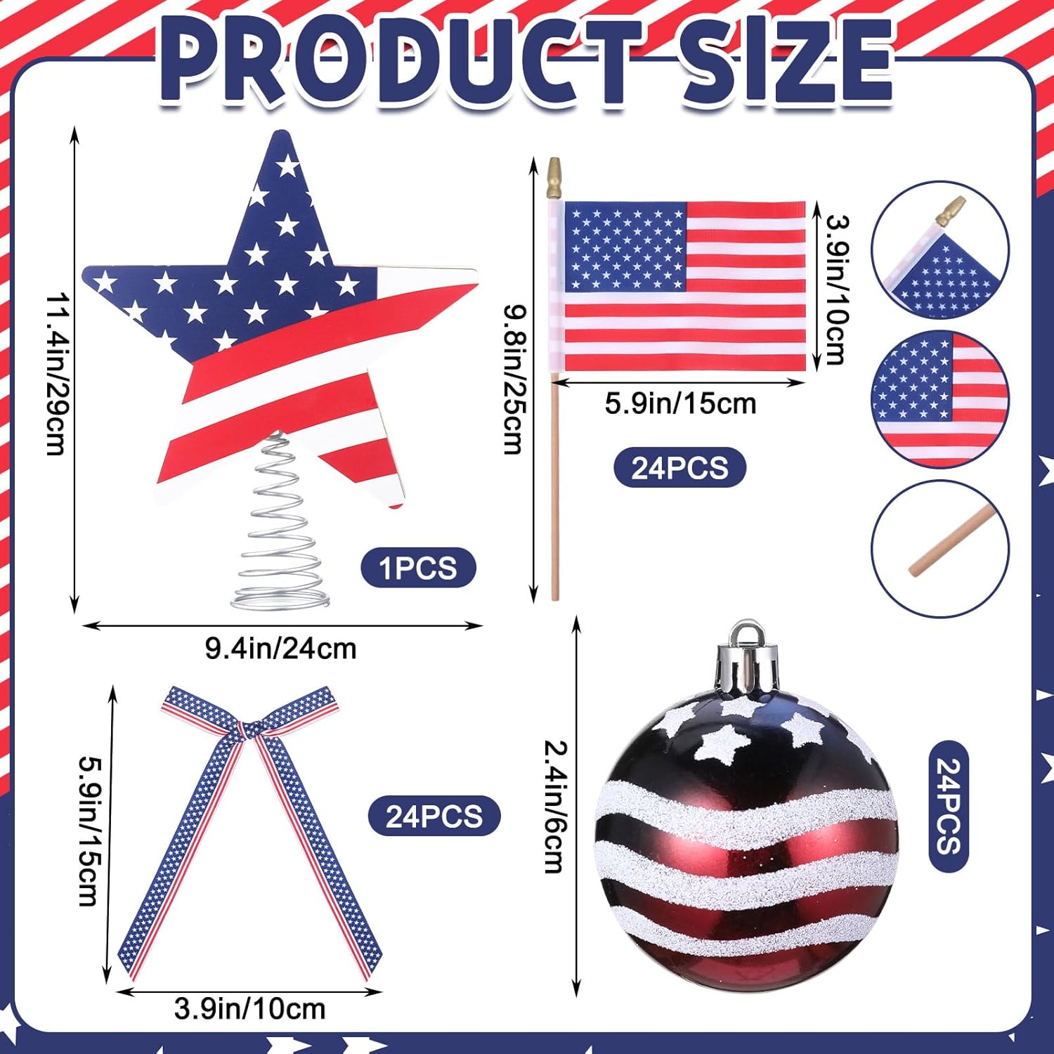 Seematn 73 Pcs Patriotic Tree Ornaments - 4th of July Decorations with Flag, Star Topper & Bows