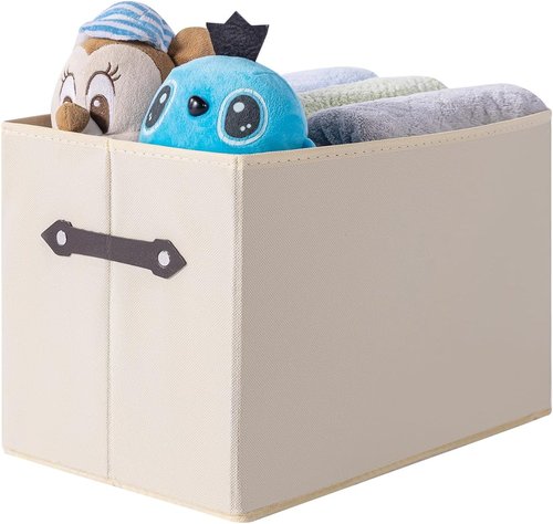 Large Collapsible Storage Baskets by [Brand Name] - Decorative Fabric Organizers with Leather Handles | 14.9"x9.5", Creamy White