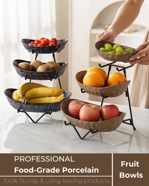 KOKUNKA 3 Tier Fruit Bowl for Kitchen Counter, Ceramic Fruit Basket with Metal Stand Tiered Fruit Display Set for Fruit, Vegetable, Cake, Dessert, Nuts, Snack, Brown