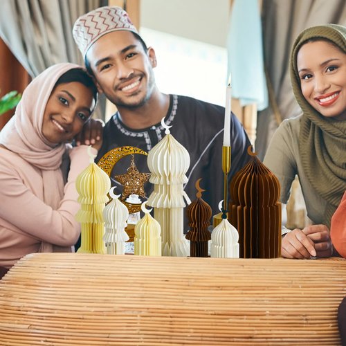 Watersay 7 Pcs Ramadan Table Decor 3D Masjid Honeycomb Centerpiece Eid Mubarak Party Decoration Kareem Islamic Eid Al Fitr Decor Ramadan Mubarak Table Topper Party Supplies(White, Gold, Browm)