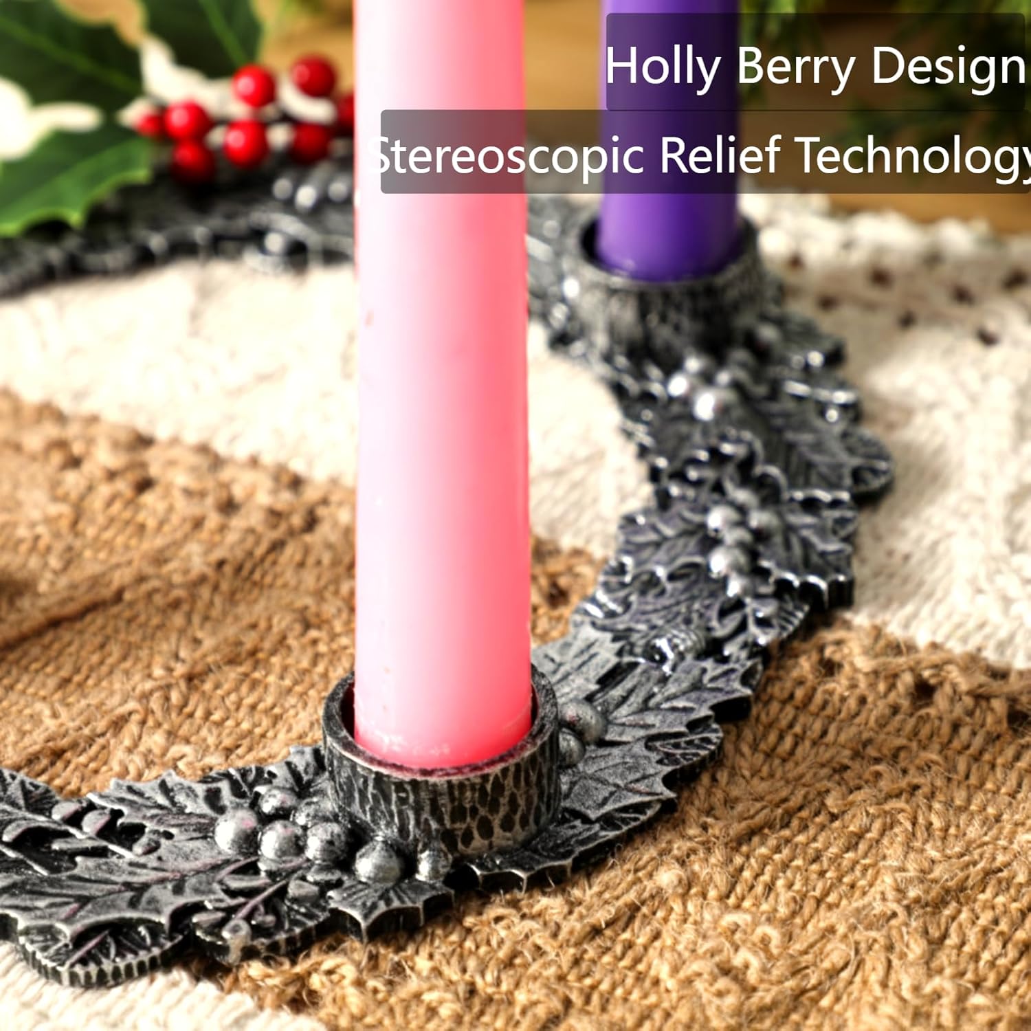 Shellwei Advent Wreath Candle Holder - 8 Inch Metal Design with Holly Berry Leaves for Christmas Decor
