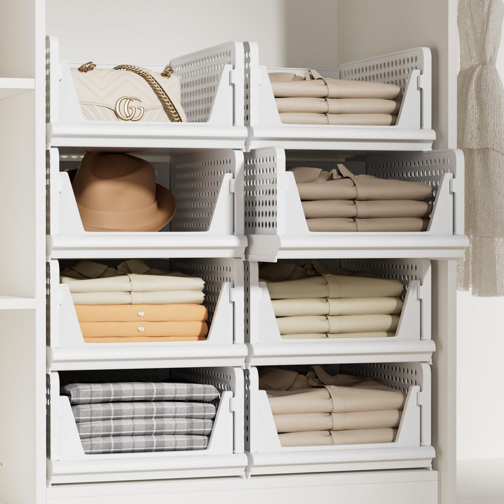 Proarea Stackable Storage Bins - 5 Pack Foldable Closet Organizers for Clothes | White Plastic Drawer Baskets