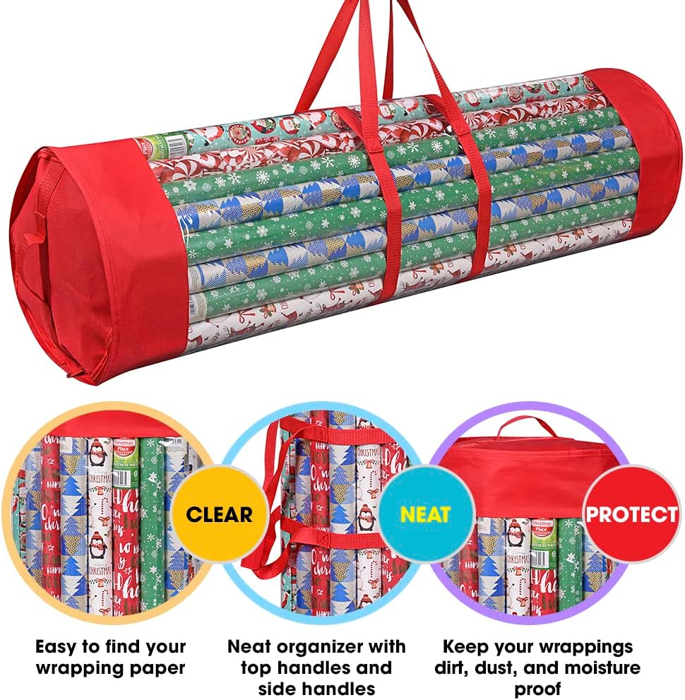 ProPik Gift Wrap Organizer - Heavy-Duty Wrapping Paper Storage Bag | Holds 24 Rolls, 40 Inch Long, Red & Clear