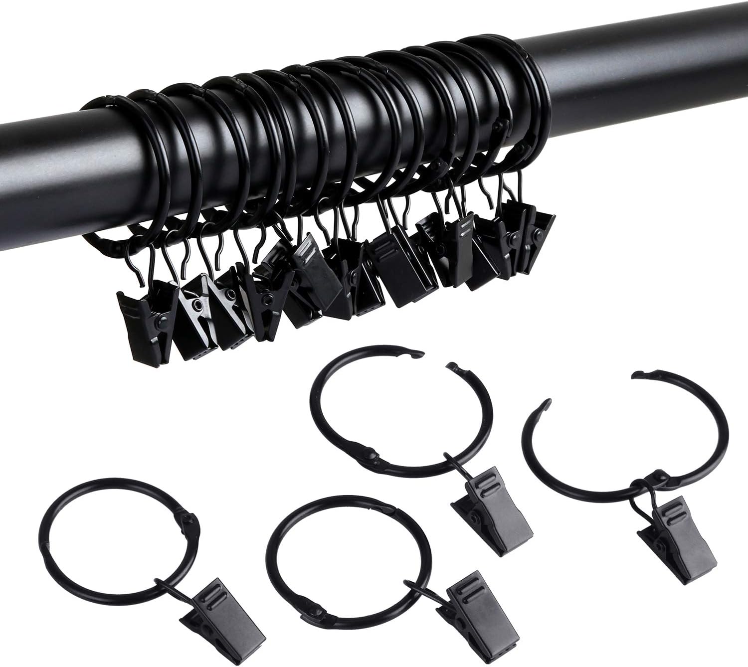 SPLF Metal Curtain Rings - Heavy Duty Rustproof Clips for Drapery | 36 Pack, 1.22 Inch Diameter, Black