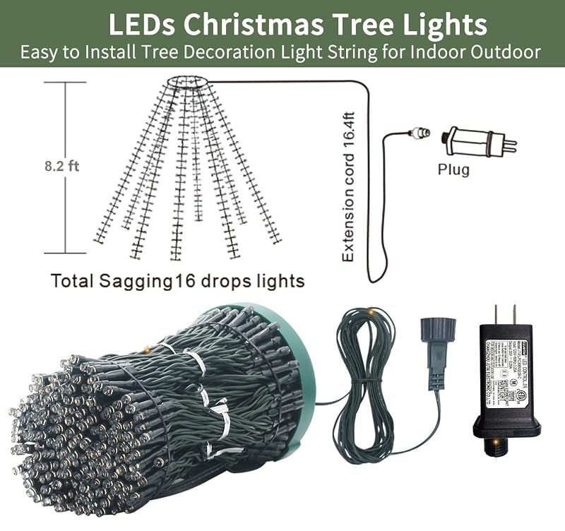 Warm White 8.2ft 16-Stream Cascading Christmas Tree Lights with Ring, 448 LEDs, Dimmable, 8 Modes, IP44 Plug-in