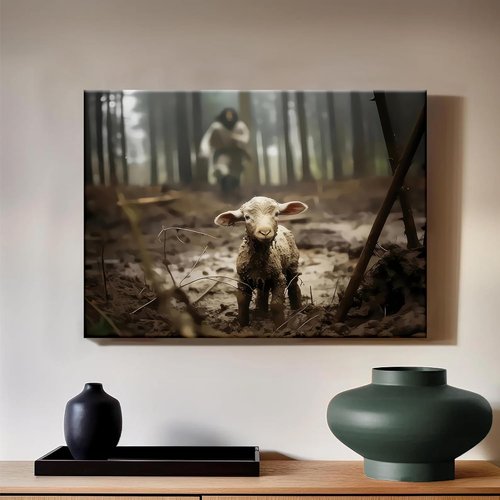 Framed Jesus Christ Wall Art - Canvas Painting of Jesus and Lamb | Biblical Decor for Churches & Prayer Rooms - 12" x 16"