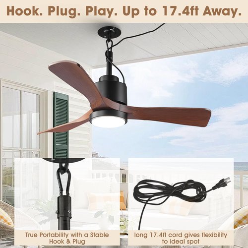 Vaczon 42" Outdoor Ceiling Fan with Light & Remote - IP65 Waterproof Plug in Hanging Fan, 6-Speed Reversible DC Motor, 1850LM Dimmable LED for Patio, Porch, Gazebo, Pergola (Matte Black)