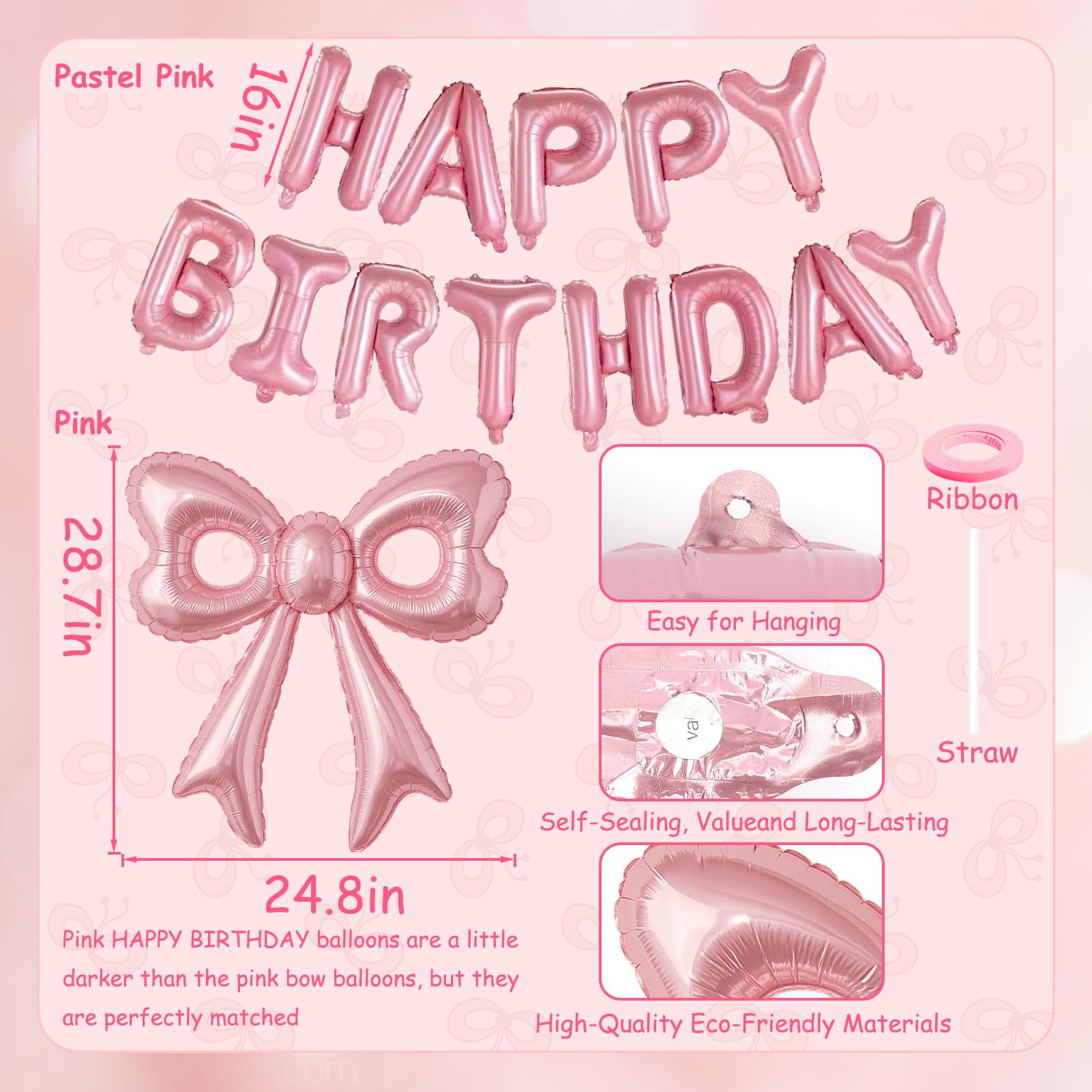 Pink Happy Birthday Balloons, 31”Huge Pink Bow Aluminum Foil Balloons for Girl Woman Birthday, Princess, Coquette Party Decorations Supplies