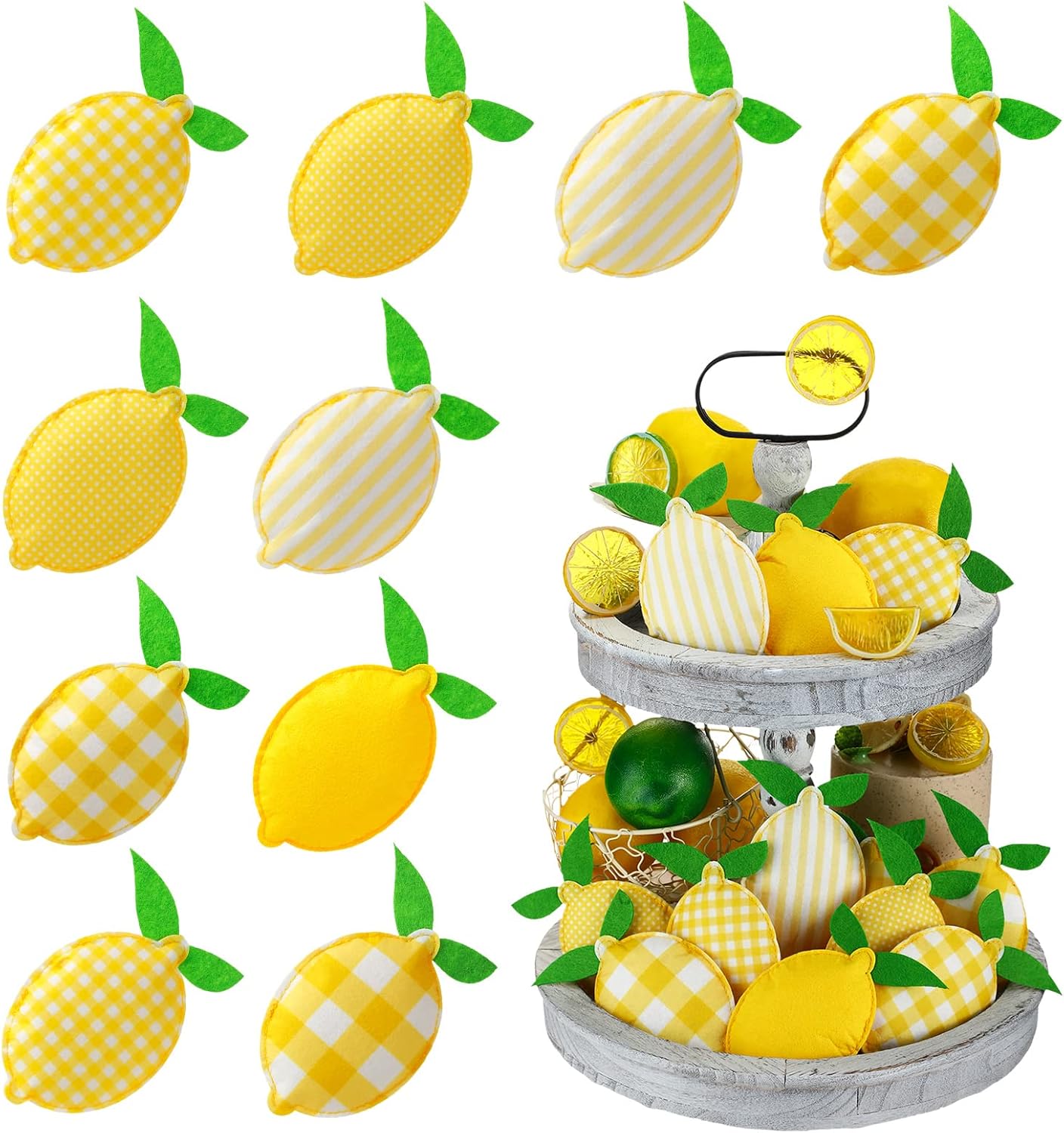 Patelai Lemon Tiered Tray Decor - 12 Pcs Stuffed Fabric Lemon Decorations | 5 Inch Rustic Kitchen Accents