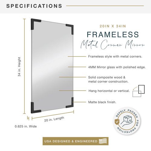 MCS 20x34 Black Metal Corner Frameless Mirror