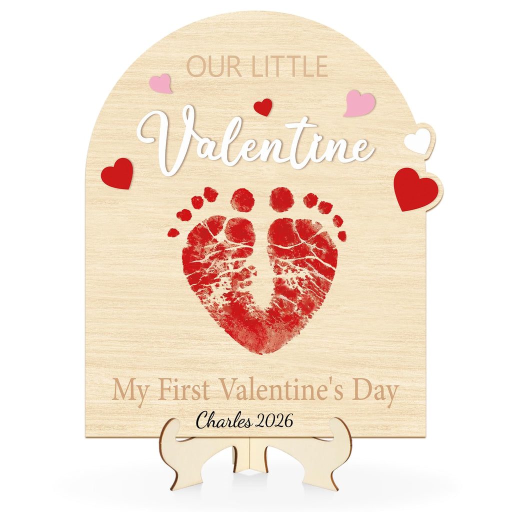 Sereliy Baby's First Valentine's Day DIY Footprint Art Card, Our Little Valentine Wood Sign Milestone Keepsake Ornaments for Baby Shower Newborn Photoshoot Prop (Word)
