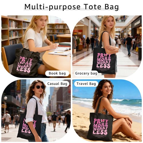 WHTYEFZ Pray More Worry Less Women Canvas Tote Bag, Christian Bible Verse Tote for Women, Mental Health Awareness Gifts, Inspirational Religious Gifts ChristianMom Sister Daughter Niece BFF
