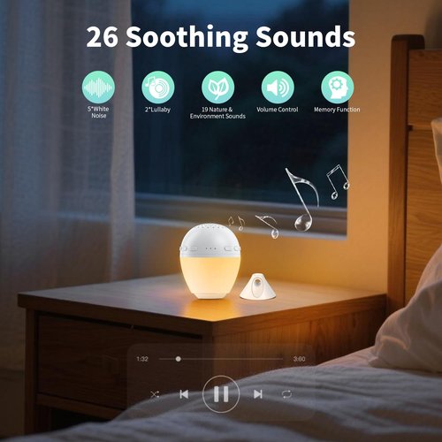 3 in 1 Smart Sound Machine, White Noise Machine with Noise Detection, Night Light, Speaker, Rechargeable Battery, 26 Soothing Sounds and Portable Design for Kids & Adults