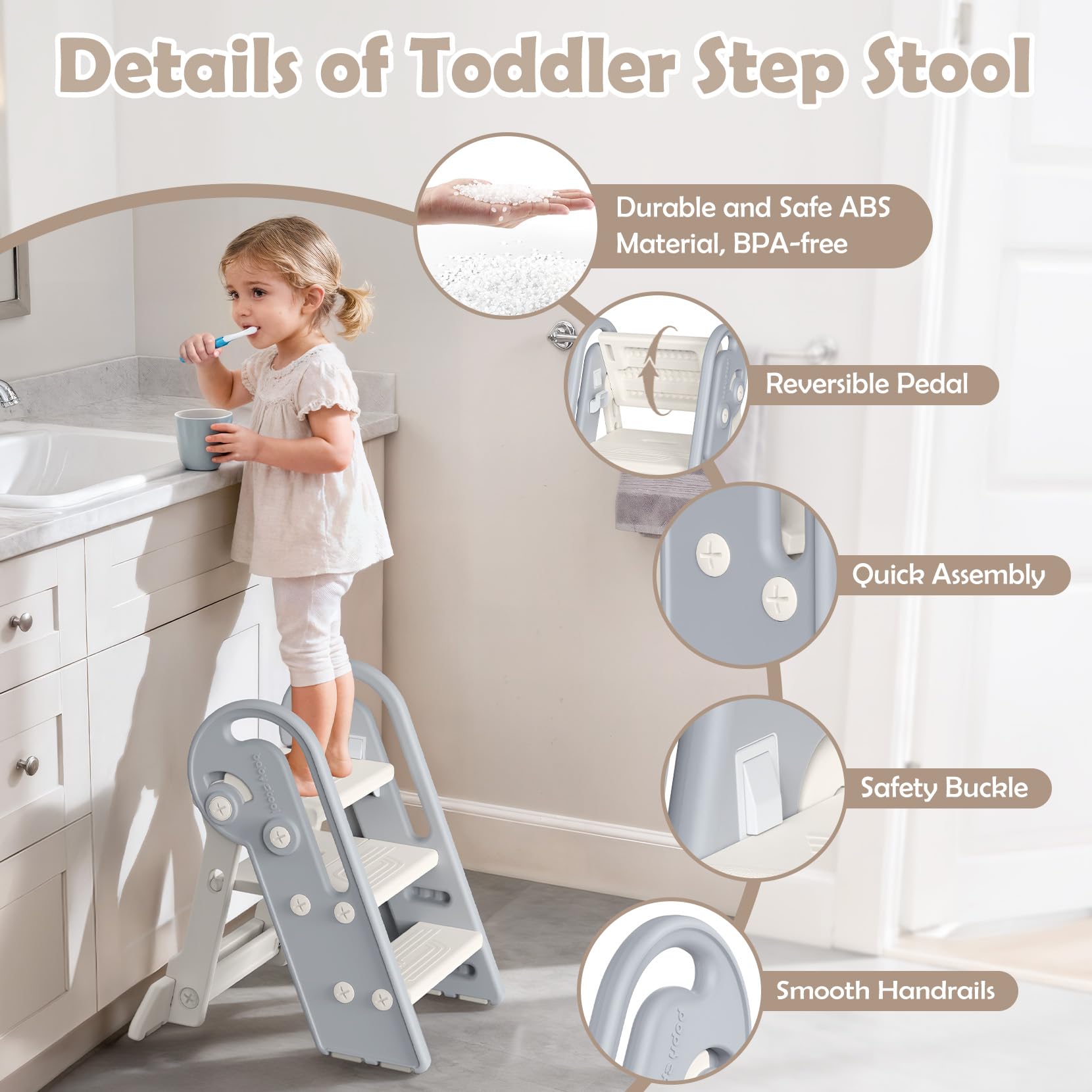 Onasti Adjustable Toddler Step Stool with Handles, Converts from 3-Step to 2-Step as Kids Grow, Non-Slip Safety Stool for Bathroom Sink, Kitchen Counter, Potty Training and Everyday Household Use-Grey