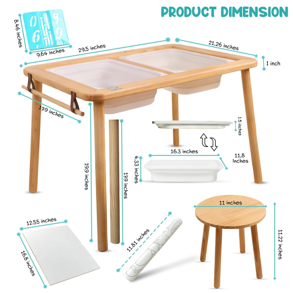 Woodyz - Evolving Sensory Table For Toddlers with Chairs & Foldable Bins - Indoor Kids Arts And Crafts Table - Play a Montessori Activity with Sand - Book/Tablet Holder- (Paper & Accessories included)