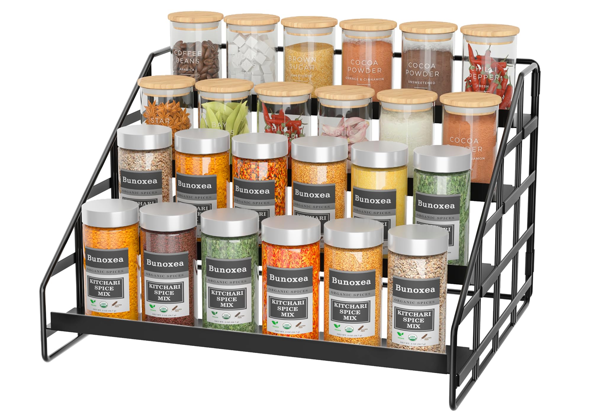 Bunoxea Spice Rack 4 Tier Kitchen Cabinet Organizer,Countertop Spice Rack,Tier Depth Adjustable Cabinet Shelf,Step Spice Organization Easy Visibility,Holds Seasoning and Condiments