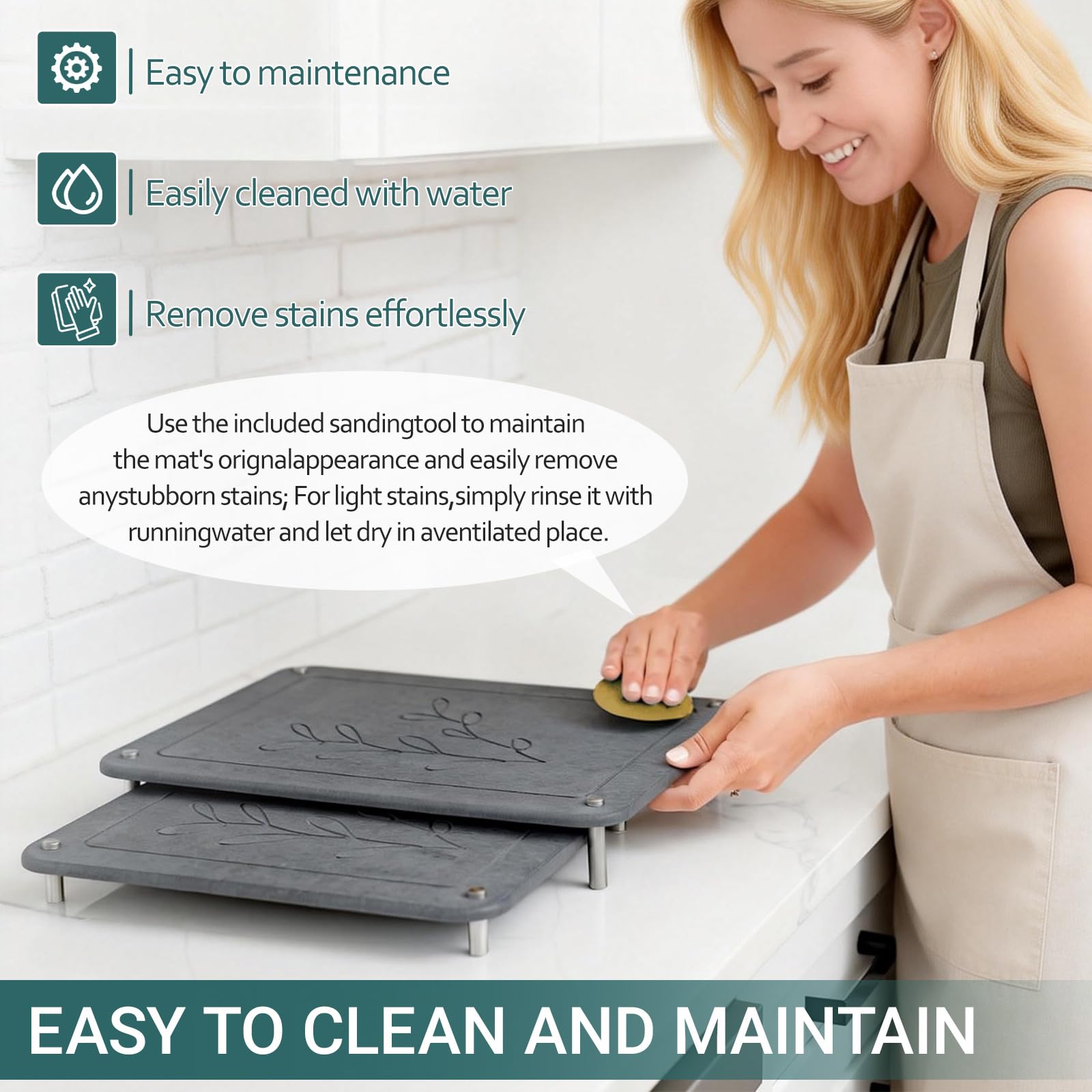 Stageya 3Pcs Nesting Diatomaceous Earth Stone Drying Mat, Superior Water Absorption Quick Drying Dish Mat with Non-Slip Feet for Stability, Easy to Clean, Ideal for Kitchen Counter Sink Area