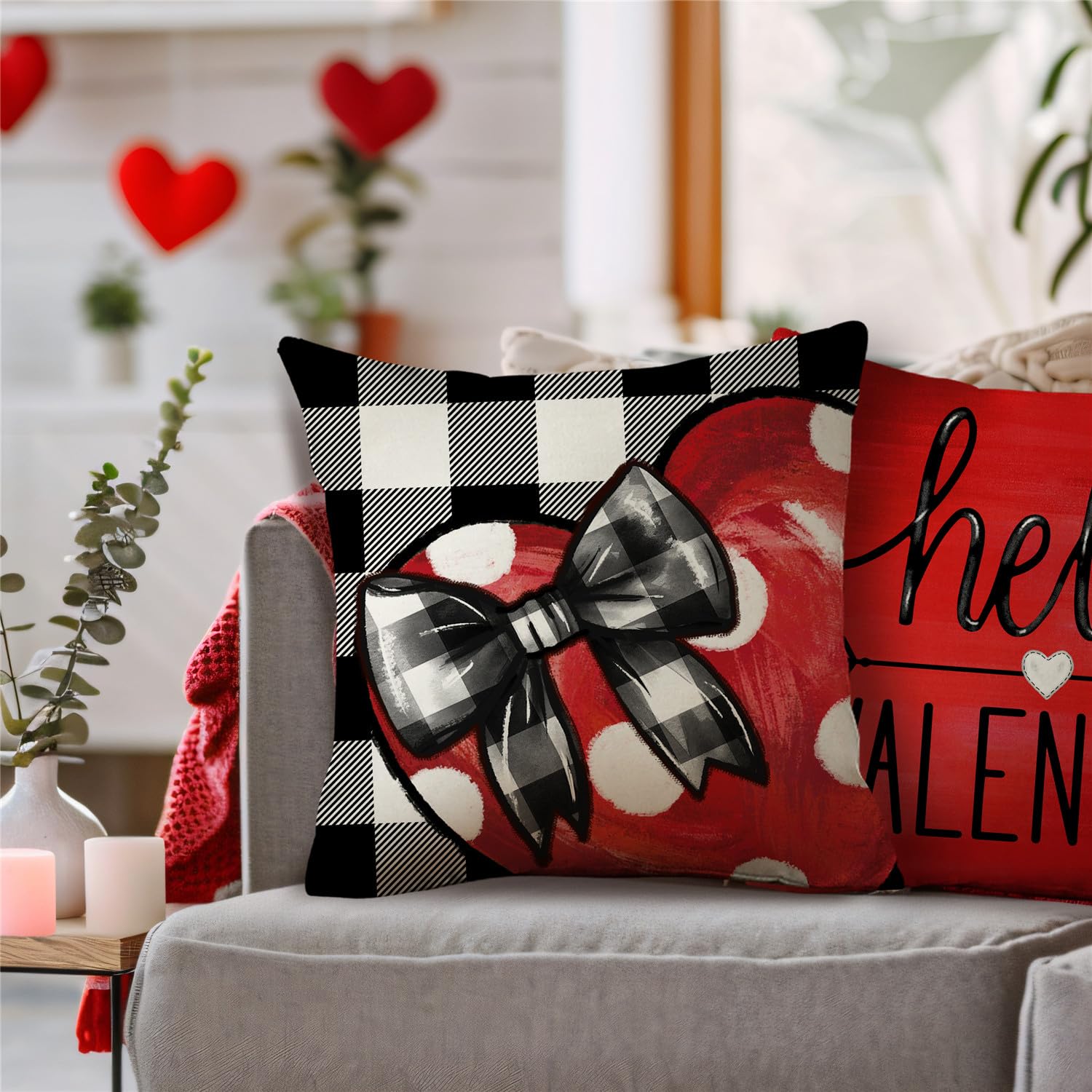 MODOVOS Valentine's Day Buffalo Plaid Bow Truck Throw Pillow Covers 18x18 Set of 4 Polka Dots Valentine Heart Wedding Cushion Case Decoration for Sofa Couch