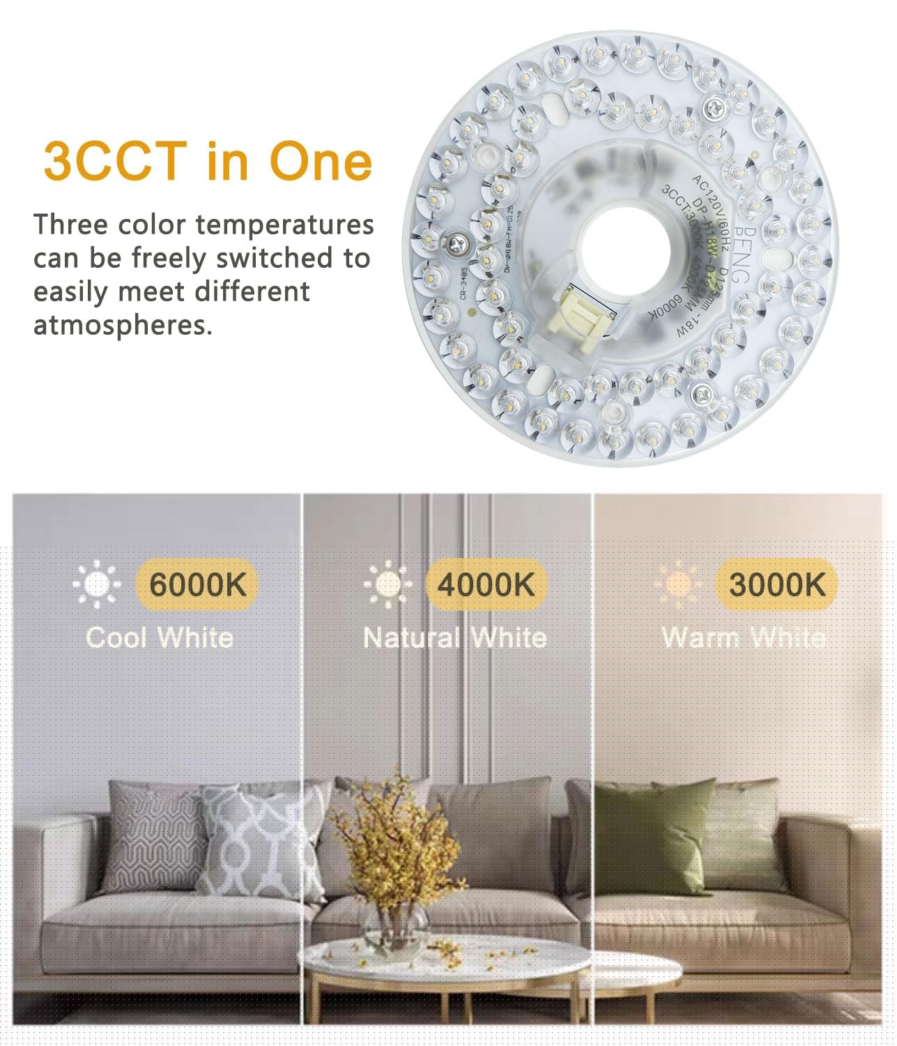MouMouPurr 4.92'' LED Ceiling Fan Light Retrofit Kit, 18W Flush Mount Ceiling Light Replacement, 3CCT (3000K/4000K/6000K) Dimmable, for Hampton Bay, Harbor Breeze, Flush Mount Ceiling Lights, 2 Pack