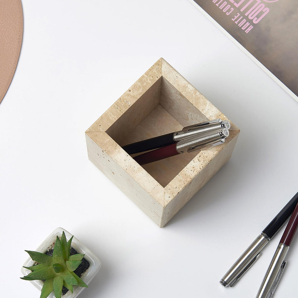 Real Natural Travertine Marble Toothbrush Holder & Pen Holder & Makeup Brush Holder & Utensil Holder, Genuine Stone Rectangular Bathroom Tumbler Cup, Durable Office & Home Countertop Organizer