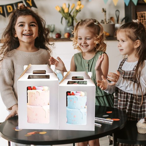 KBG Tall Cake Boxes 6pcs 14x14x16 and 16x16x18 Inches White With Window for Tier Cakes, Wedding, Birthday Transport - Large With Handle, Disposable Containers