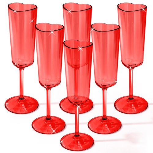 Teenyyou 6 Pcs Valentine's Day Red Champagne Flutes 6 oz Heart Shaped Acrylic Champagne Flutes Valentine's Day Party Wine Cups Red Goblets Glasses for Wedding Anniversary New Year Party Supply