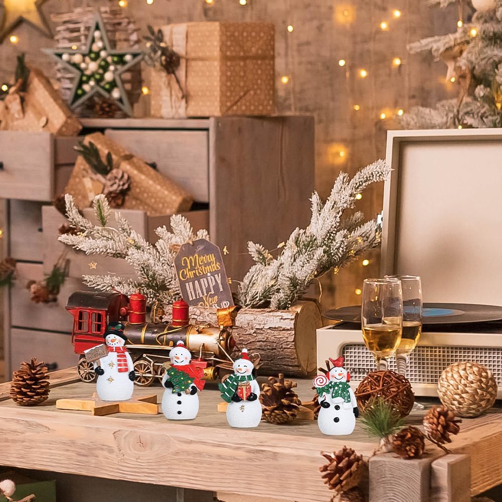 MEETYAMOR Christmas Snowman Ornaments - 4 PCS Rustic Resin Figurines for Indoor Decor | Farmhouse Style
