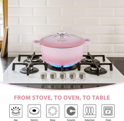E-far 3 Qt Enameled Cast Iron Dutch Oven - Heavy Duty Nonstick Pot for Baking, Stews & Roasting - Pink