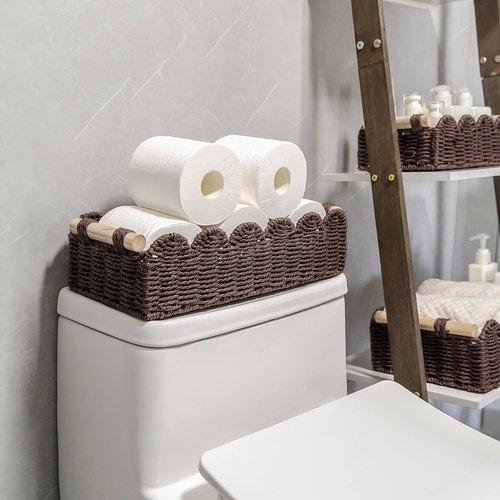 CubesLand Storage Basket - Woven Paper Rope with Scalloped Edges & Wood Handle | Brown, Versatile Home Décor