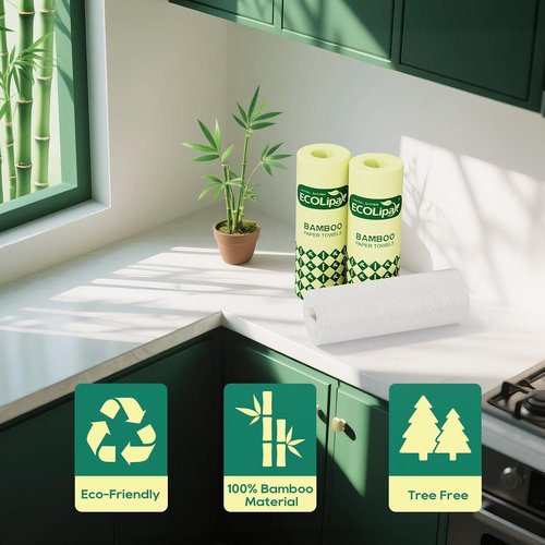 ECOlipak Bamboo Paper Towels - Soft & Absorbent 2-Ply | 8 Rolls, 120 Sheets, Plastic-Free & Compostable