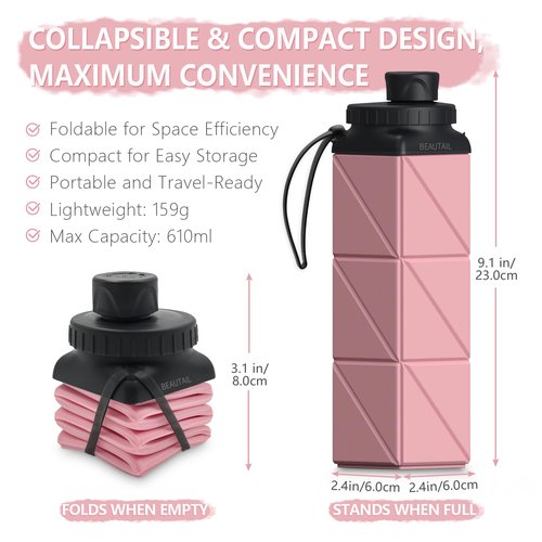 BEAUTAIL Collapsible Water Bottles, Silicone Foldable Water Bottle 610ml, BPA-Free Portable Reusable Leakproof Bottle for Gym Travel Camping Hiking Sports Outdoor, 1 Pack (Pink)