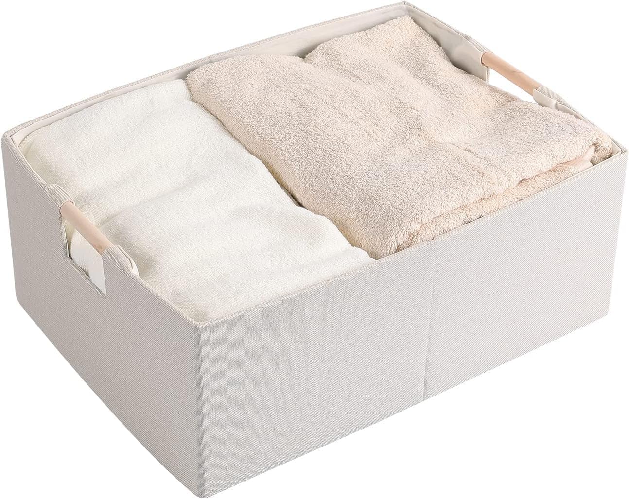 Skiennix Fabric Storage Bins - Foldable Cotton Linen Baskets with Wooden Handles | Small Beige 3-Pack