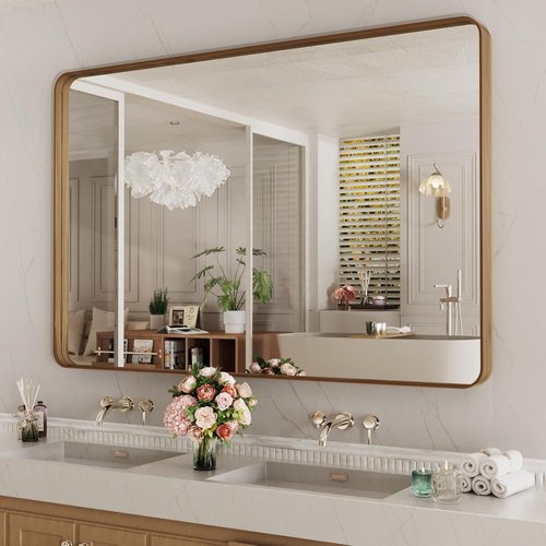 LOAAO Bathroom Mirror - 55x36 Inch Rounded Rectangle with Wood Grain Metal Frame | Anti-Rust, Versatile Hanging Options