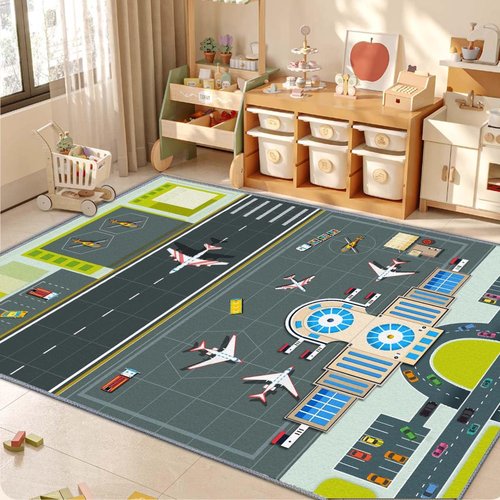 Kids Rug,Children's Room Rug, Fun Airport Kids Play Mat,Aerodrome Traffic System Playmat Carpet, Rail City Living Carpet, Washable Non-Slip Children's Mat (Airport, 31x47in)